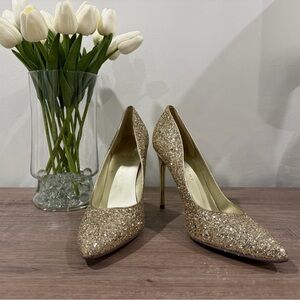 Ivanka Trump Pointed Toe Shoe Pump Stiletto Heel Kaydena Glitter Gold Size 10M